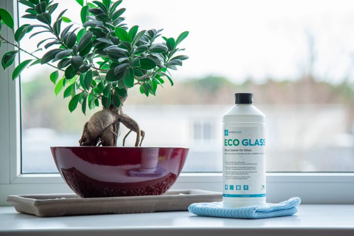 Eco-friendly glass cleaner and microfibre cloth beside a plant on a windowsill